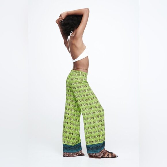 NWOT ZARA Full-Length Printed Trousers Flowy Wide Leg 100% VISCOSE 7484/159 Sz L - Picture 2 of 16